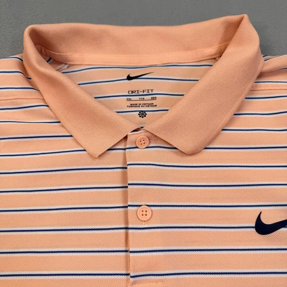 Nike Golf Polo Shirt Mens 2XL Peach Stripe Dri-FIT Stretch Performance Top